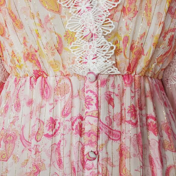 Rococo Sand Candy Dress Paisley Print Maxi Dress Chiffon Lace Pink Size Medium - Picture 7 of 12